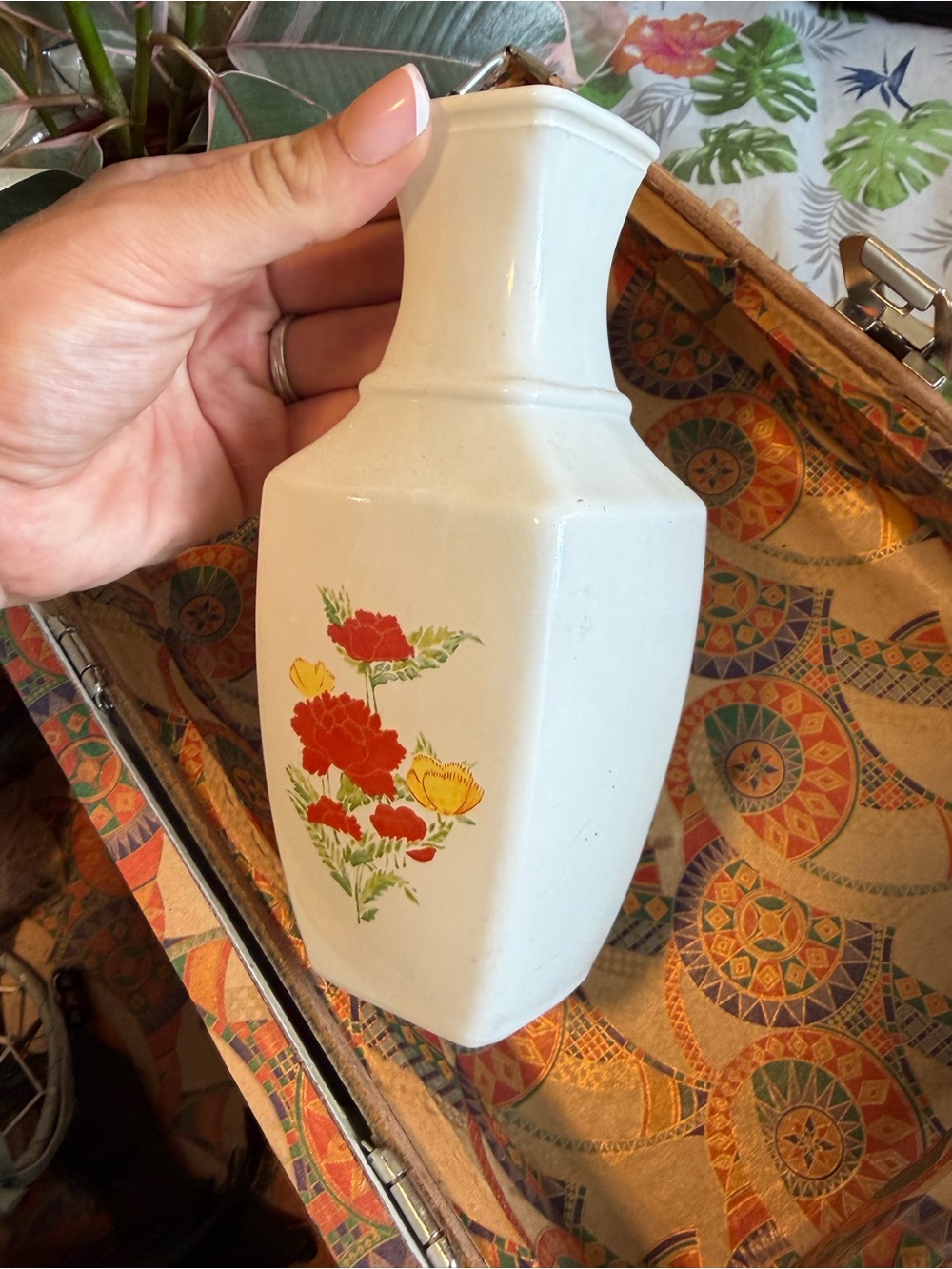 Vintage Glass Vase with White Glaze & Red and Yellow Floral Design